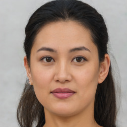 Joyful asian young-adult female with medium  brown hair and brown eyes