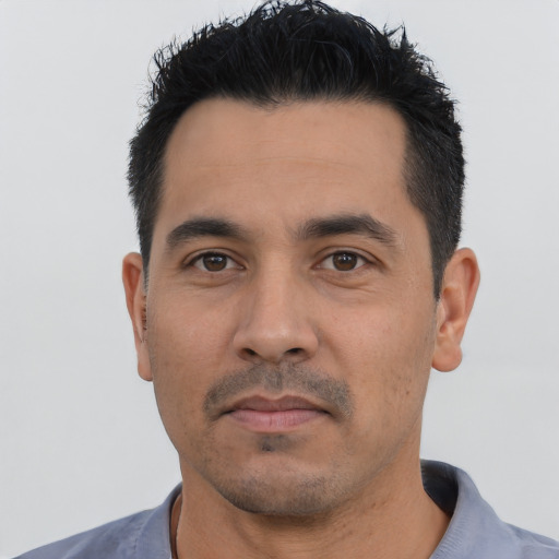 Neutral asian adult male with short  black hair and brown eyes
