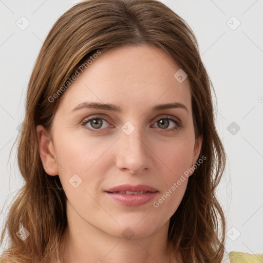 Joyful white young-adult female with medium  brown hair and green eyes