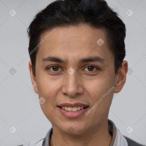 Joyful white adult female with short  brown hair and brown eyes