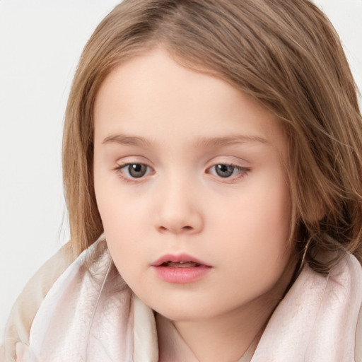 Neutral white child female with long  brown hair and brown eyes