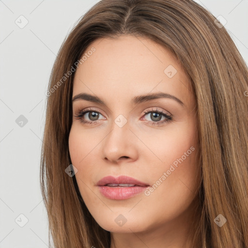 Neutral white young-adult female with long  brown hair and brown eyes