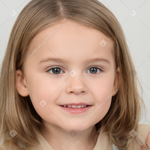 Joyful white child female with medium  brown hair and brown eyes