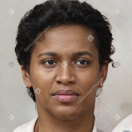 Joyful black young-adult female with short  brown hair and brown eyes