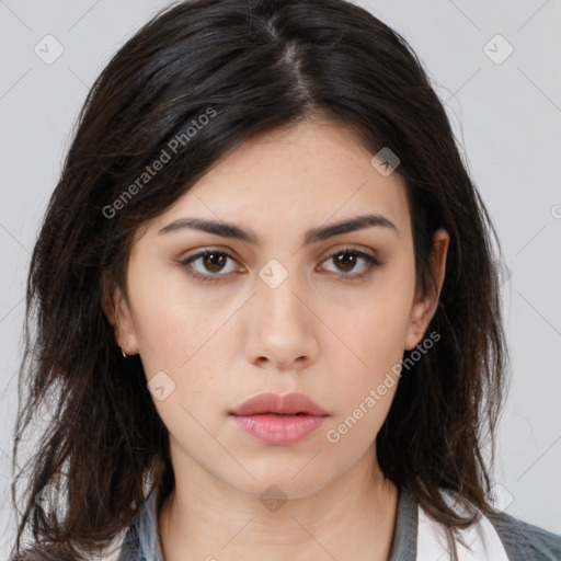 Neutral asian young-adult female with medium  brown hair and brown eyes