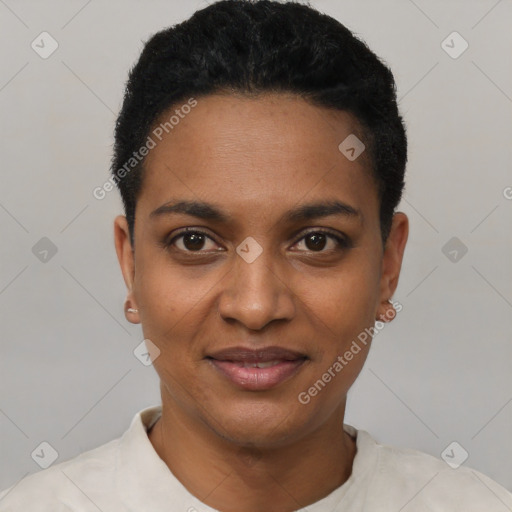 Joyful black young-adult female with short  black hair and brown eyes