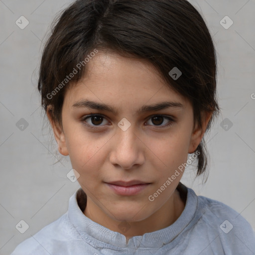 Joyful white child female with medium  brown hair and brown eyes