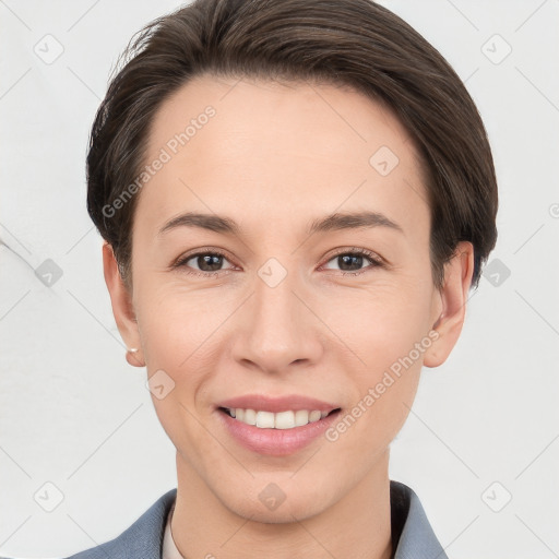 Joyful white young-adult female with short  brown hair and brown eyes