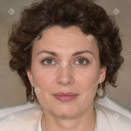 Joyful white young-adult female with medium  brown hair and green eyes