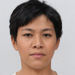 Neutral asian young-adult female with short  brown hair and brown eyes