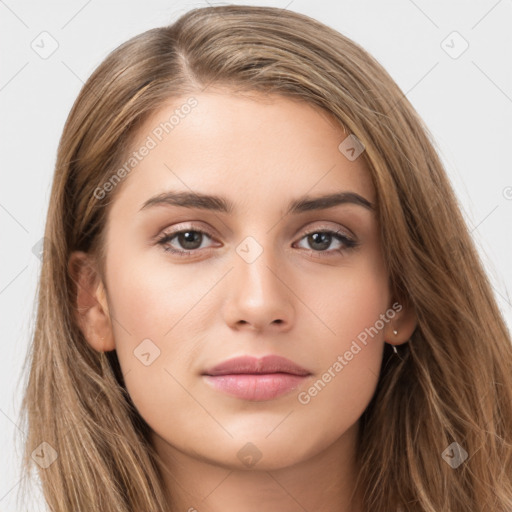 Neutral white young-adult female with long  brown hair and brown eyes