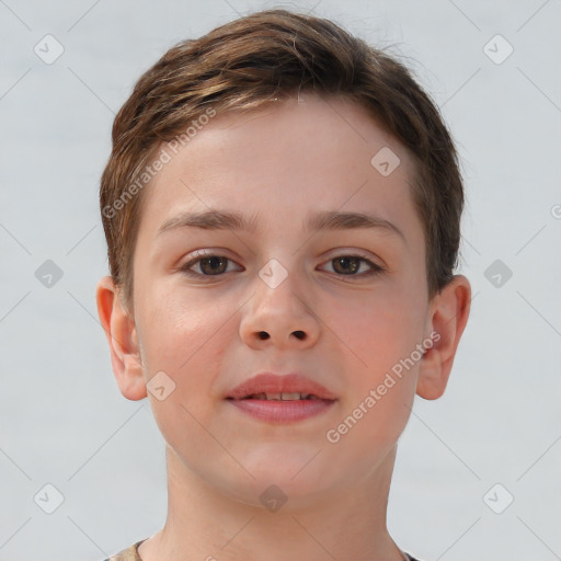 Joyful white child female with short  brown hair and brown eyes