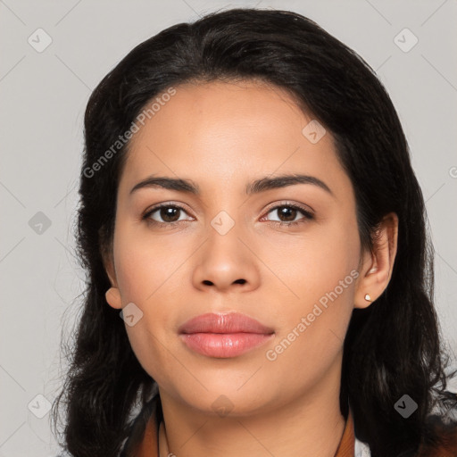 Joyful latino young-adult female with long  black hair and brown eyes