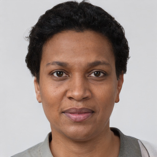 Joyful black adult female with short  brown hair and brown eyes