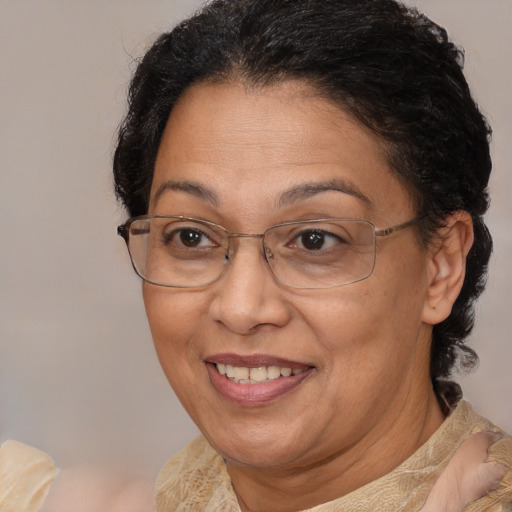 Joyful latino adult female with medium  brown hair and brown eyes