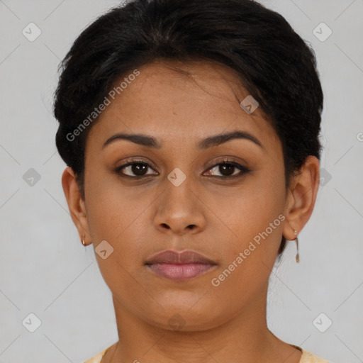 Neutral black young-adult female with short  brown hair and brown eyes