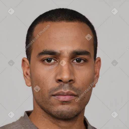 Neutral latino young-adult male with short  black hair and brown eyes