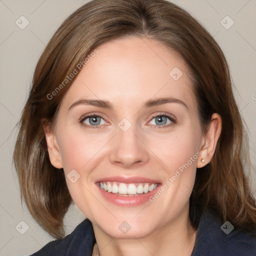 Joyful white young-adult female with medium  brown hair and blue eyes