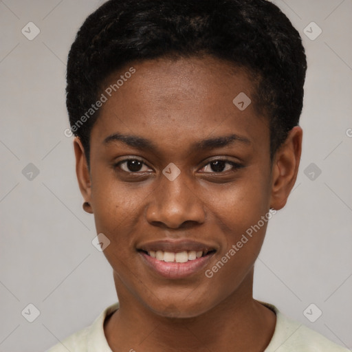 Joyful latino young-adult female with short  black hair and brown eyes