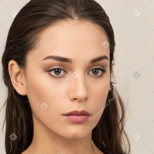 Neutral white young-adult female with long  brown hair and brown eyes