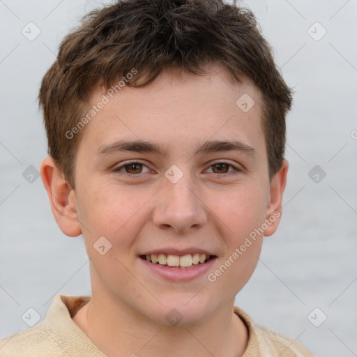 Joyful white child male with short  brown hair and brown eyes