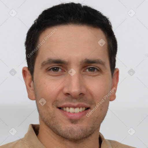 Joyful white young-adult male with short  brown hair and brown eyes