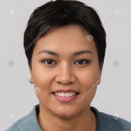 Joyful asian young-adult female with short  black hair and brown eyes