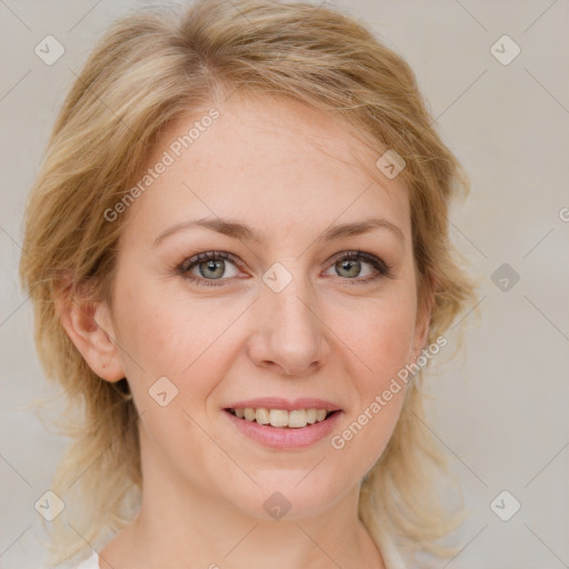 Joyful white young-adult female with medium  brown hair and blue eyes