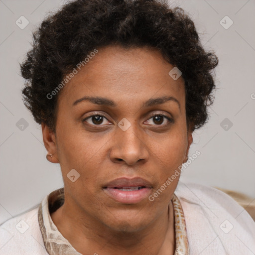 Neutral black young-adult female with short  brown hair and brown eyes