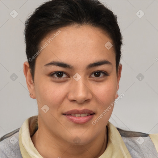 Joyful white young-adult female with short  brown hair and brown eyes