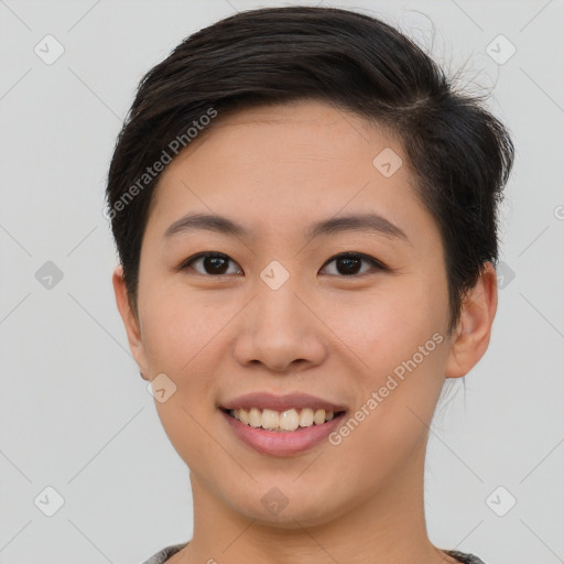 Joyful asian young-adult female with short  brown hair and brown eyes