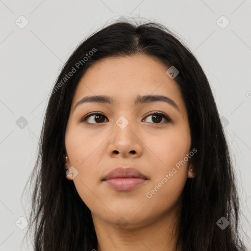 Neutral asian young-adult female with long  black hair and brown eyes