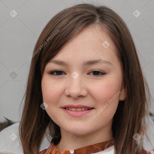 Joyful white child female with medium  brown hair and brown eyes