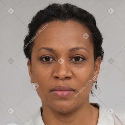 Joyful black adult female with short  brown hair and brown eyes