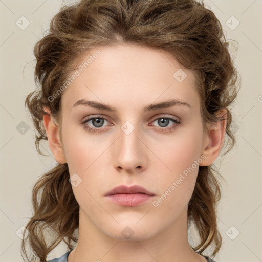 Neutral white young-adult female with medium  brown hair and grey eyes