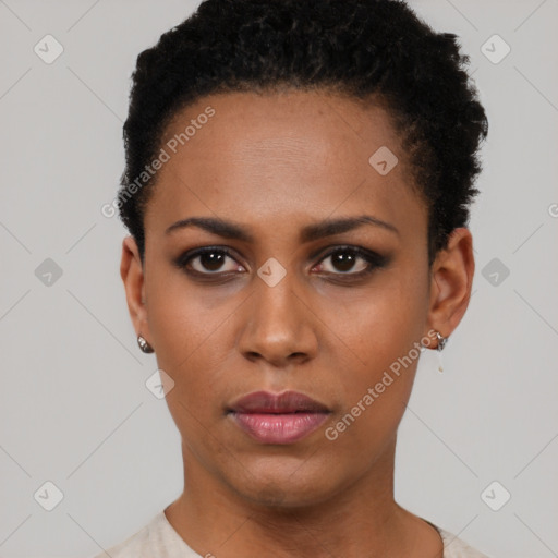 Neutral black young-adult female with short  black hair and brown eyes