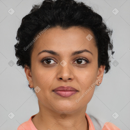 Joyful latino young-adult female with short  brown hair and brown eyes