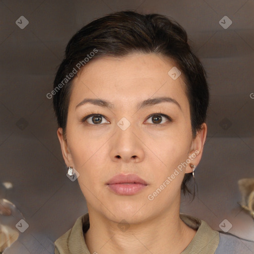 Neutral white young-adult female with short  brown hair and brown eyes