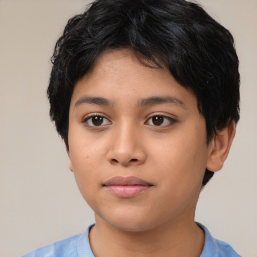 Neutral latino child female with short  black hair and brown eyes