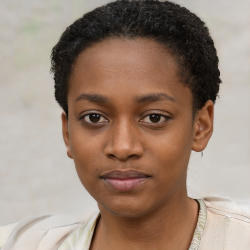 Joyful black young-adult female with short  black hair and brown eyes