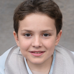 Joyful white child female with short  brown hair and brown eyes