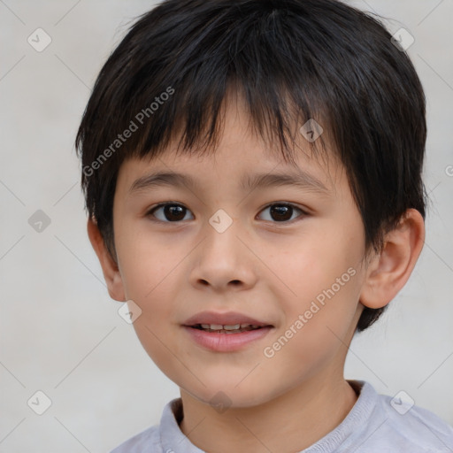 Joyful white child female with short  brown hair and brown eyes