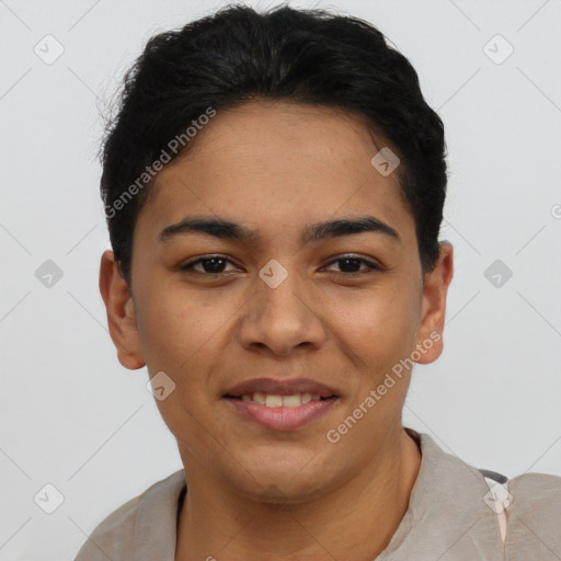 Joyful latino young-adult female with short  black hair and brown eyes