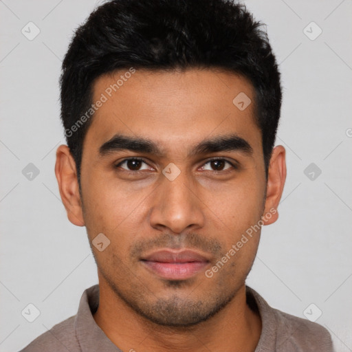 Neutral latino young-adult male with short  black hair and brown eyes