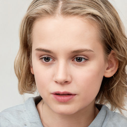 Neutral white child female with medium  brown hair and blue eyes