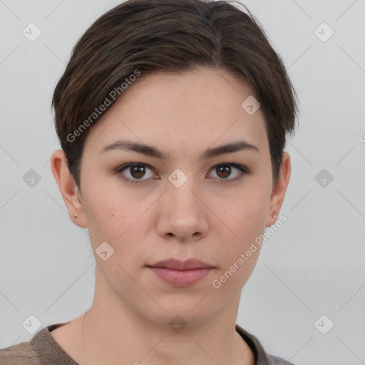 Neutral white young-adult female with short  brown hair and brown eyes