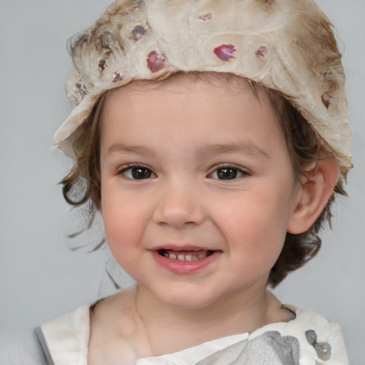 Joyful white child female with medium  brown hair and blue eyes