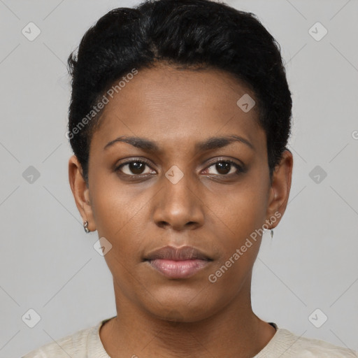 Neutral black young-adult female with short  black hair and brown eyes