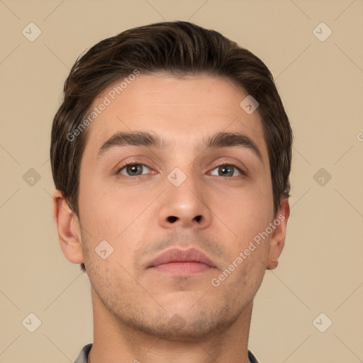 Neutral white young-adult male with short  brown hair and brown eyes