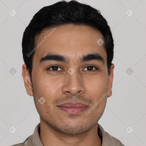 Joyful latino young-adult male with short  black hair and brown eyes